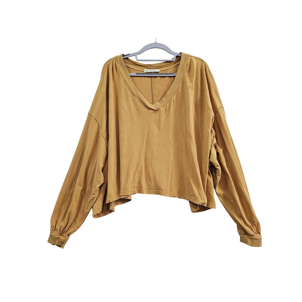 We The Free Be Free V-Neck Top Womens S Slub Mustardโ Yellow Cotton Cropped Boxy